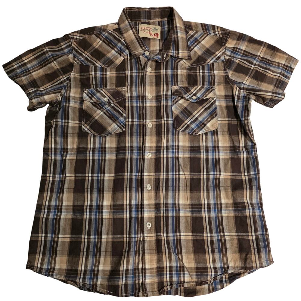 Vintage JNCO Crownbrand Short Sleeve Plaid Pearl Snap Shirt XL Brown Blue